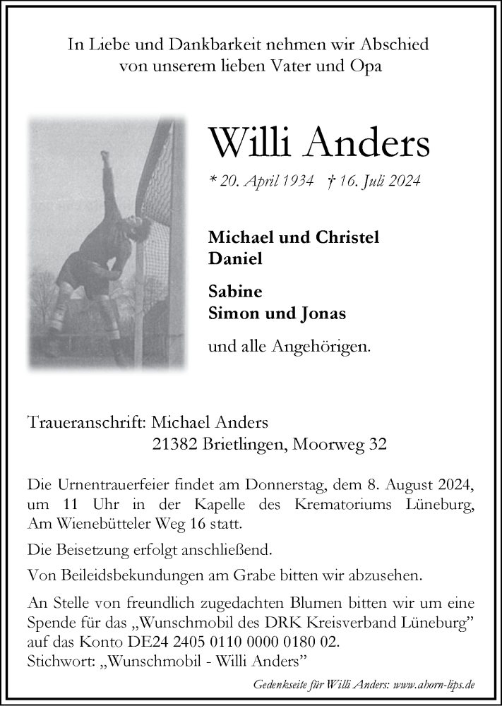  Traueranzeige für Willi Anders vom 03.08.2024 aus LZ