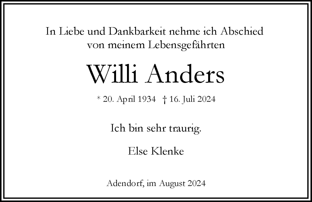  Traueranzeige für Willi Anders vom 03.08.2024 aus LZ