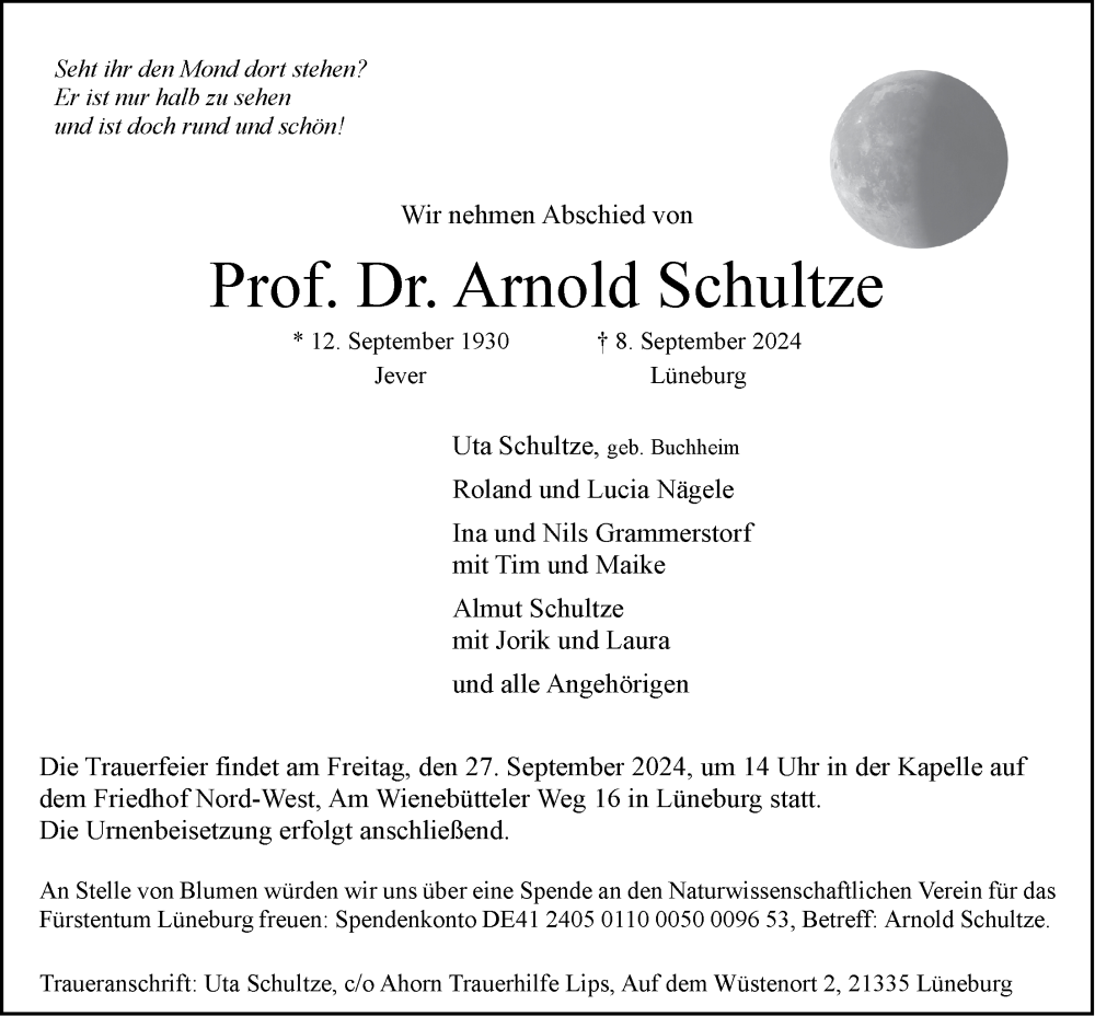  Traueranzeige für Arnold Schultze vom 14.09.2024 aus LZ
