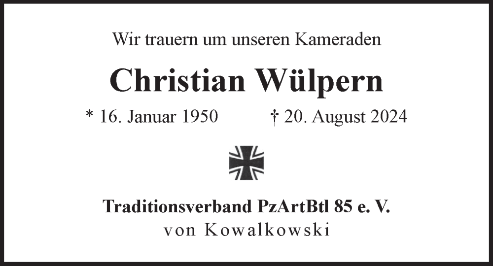  Traueranzeige für Christian Wülpern vom 31.08.2024 aus LZ