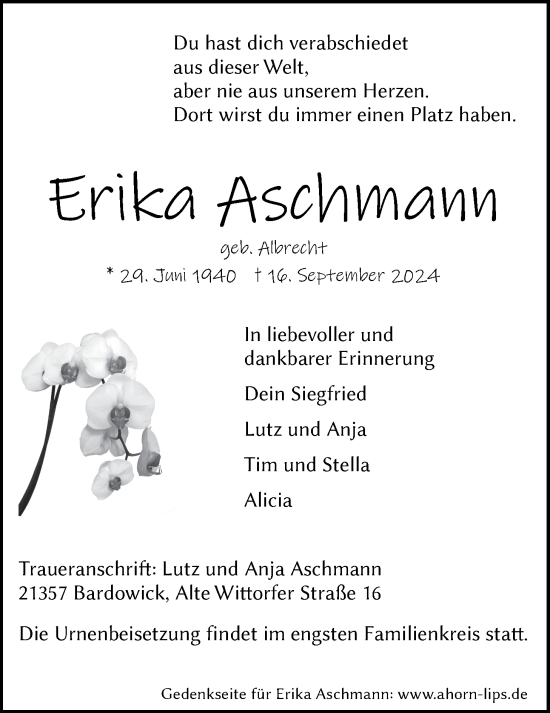 Anzeige von Erika Aschmann von LZ