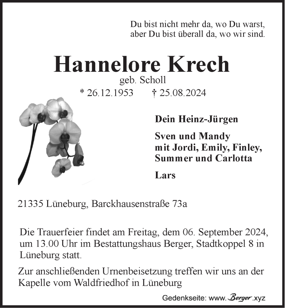  Traueranzeige für Hannelore Krech vom 31.08.2024 aus LZ