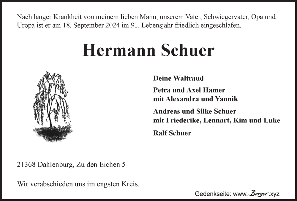  Traueranzeige für Hermann Schuer vom 21.09.2024 aus LZ