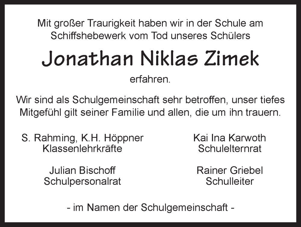 Traueranzeige für Jonathan Niklas Zimek vom 28.09.2024 aus LZ