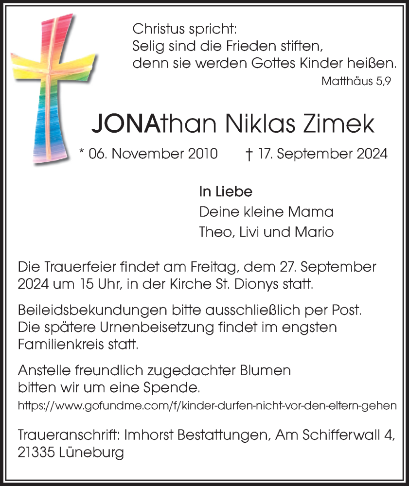  Traueranzeige für Jonathan Niklas Zimek vom 25.09.2024 aus LZ