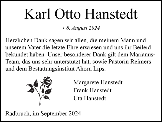Anzeige von Karl Otto Hanstedt von LZ