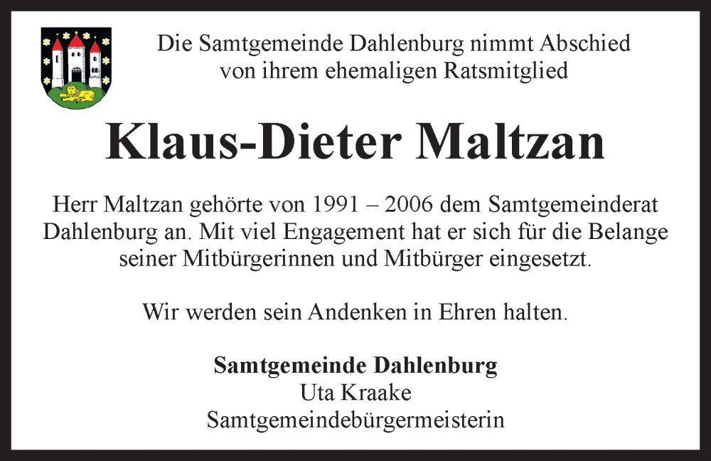  Traueranzeige für Klaus-Dieter Maltzan vom 21.09.2024 aus LZ