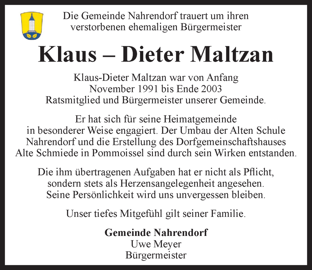  Traueranzeige für Klaus-Dieter Maltzan vom 21.09.2024 aus LZ