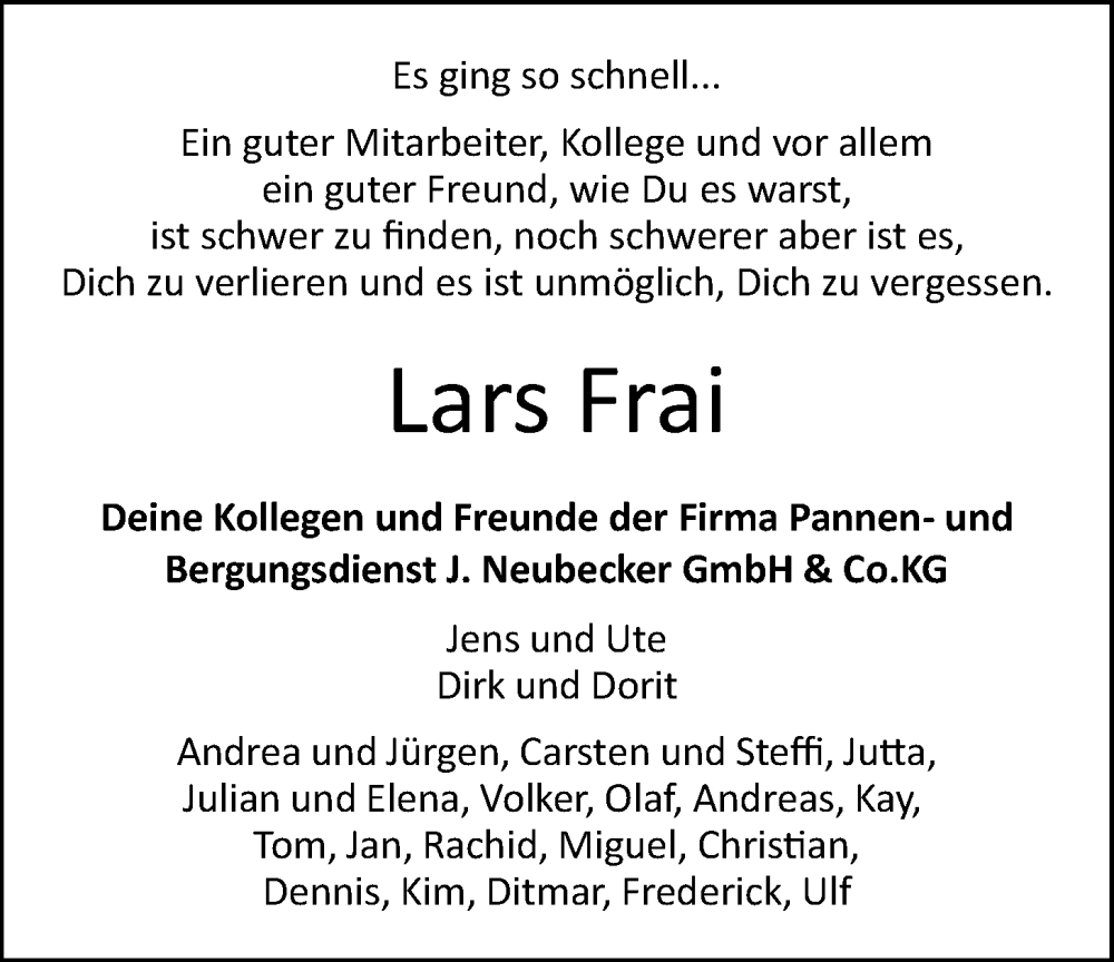  Traueranzeige für Lars Frai vom 31.08.2024 aus LZ