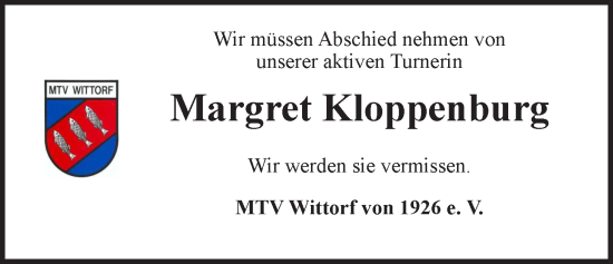 Anzeige von Margret Kloppenburg von LZ