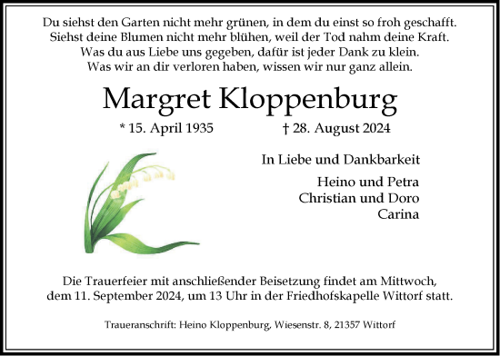 Anzeige von Margret Kloppenburg von LZ