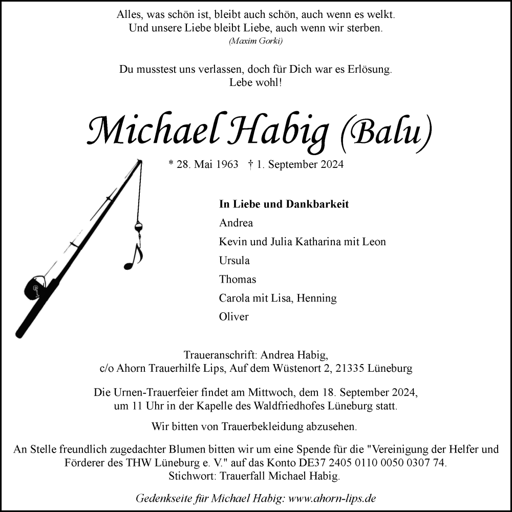  Traueranzeige für Michael Habig vom 14.09.2024 aus LZ