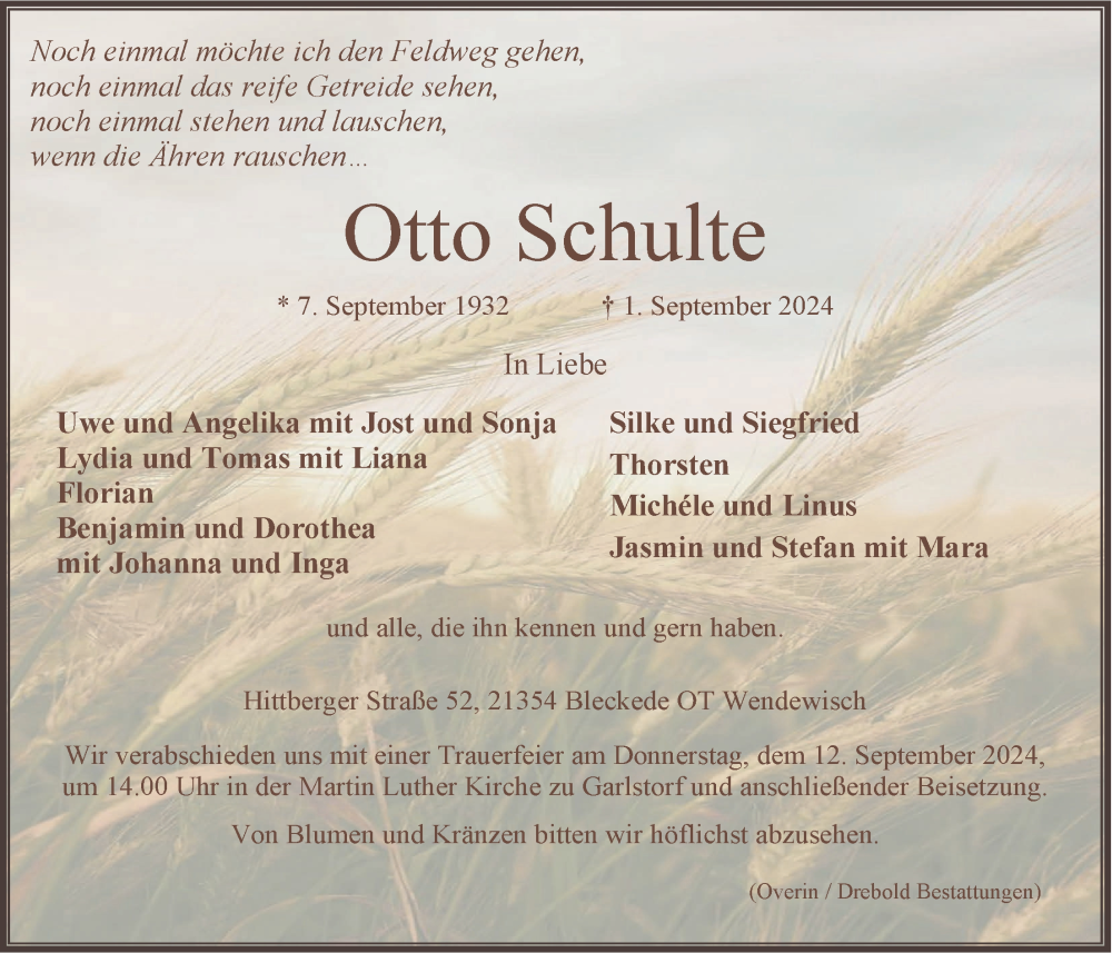  Traueranzeige für Otto Schulte vom 07.09.2024 aus LZ