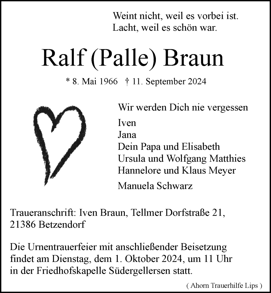  Traueranzeige für Ralf Braun vom 21.09.2024 aus LZ