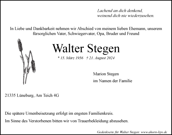 Anzeige von Walter Stegen von LZ