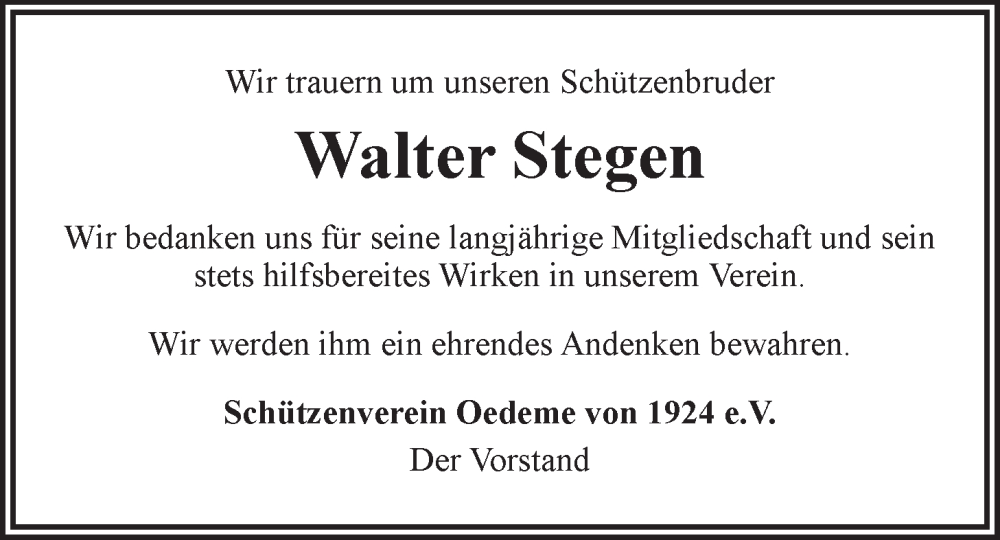  Traueranzeige für Walter Stegen vom 31.08.2024 aus LZ