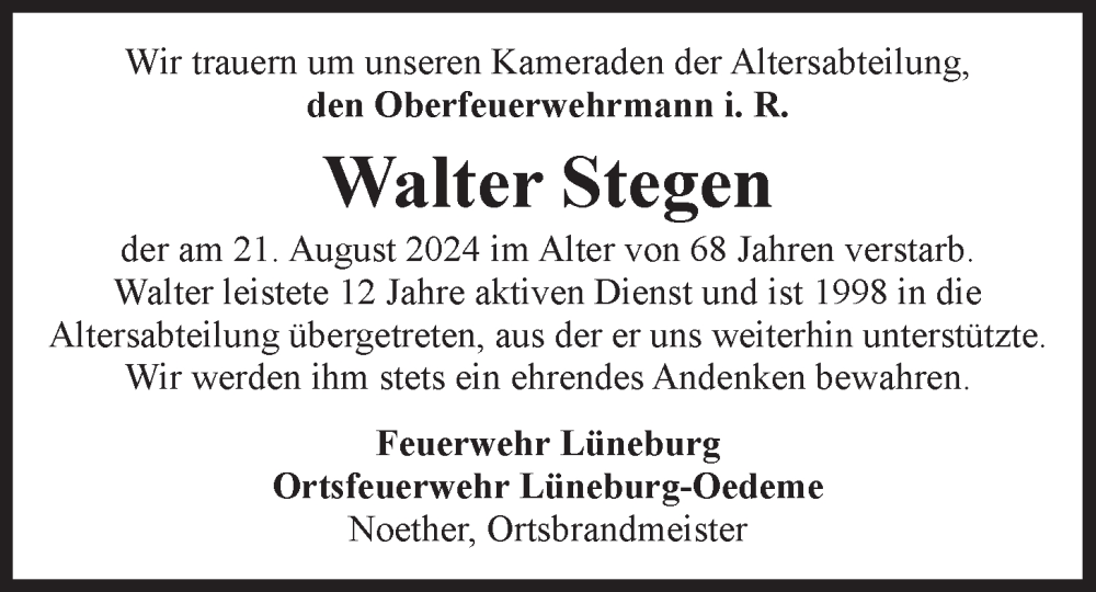  Traueranzeige für Walter Stegen vom 31.08.2024 aus LZ