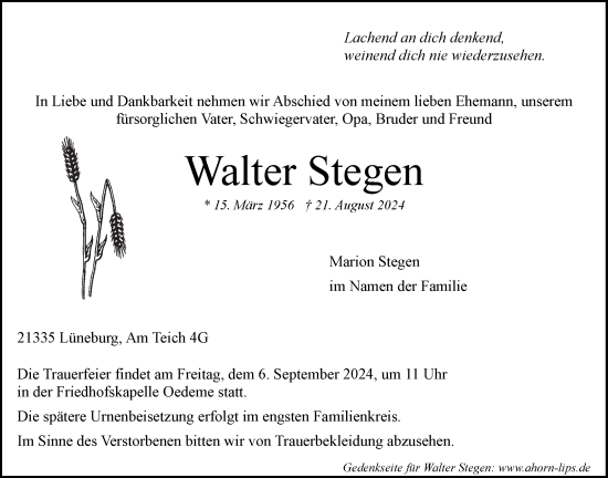 Anzeige von Walter Stegen von LZ