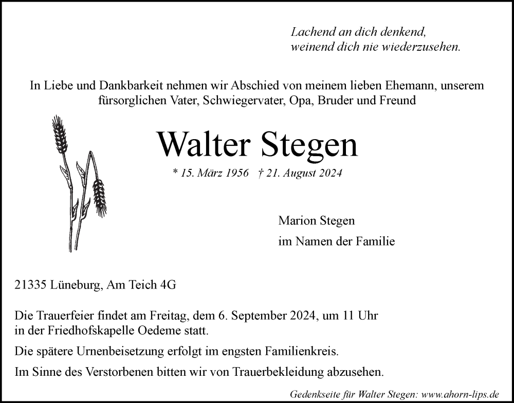  Traueranzeige für Walter Stegen vom 02.09.2024 aus LZ