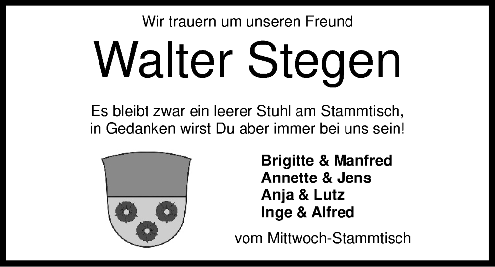  Traueranzeige für Walter Stegen vom 31.08.2024 aus LZ
