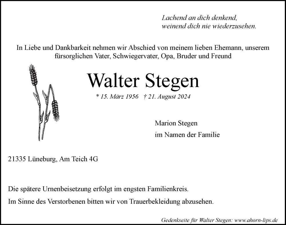 Traueranzeige für Walter Stegen vom 31.08.2024 aus LZ