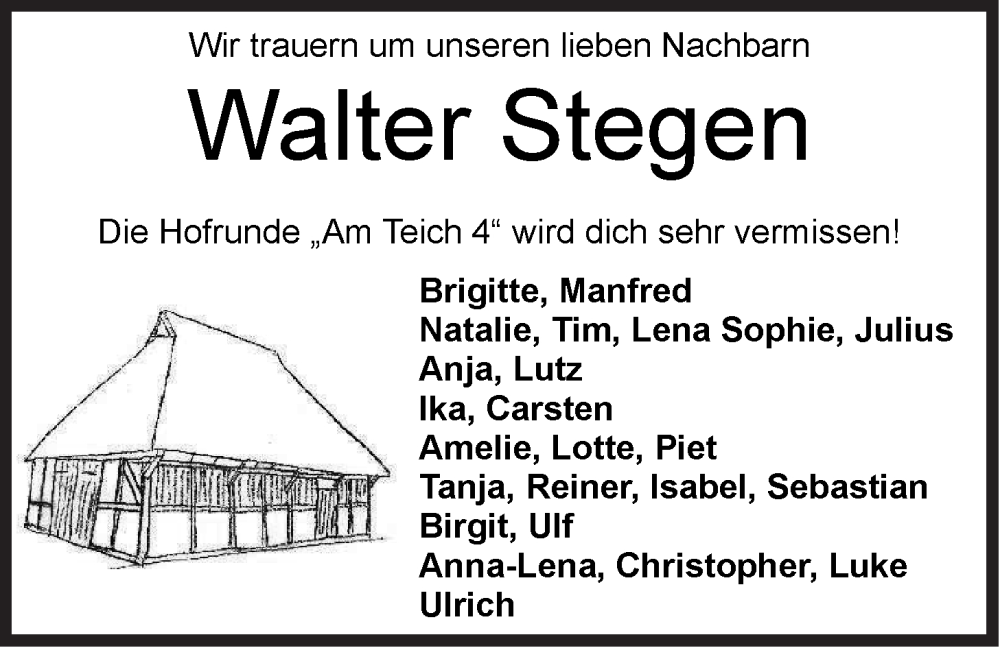  Traueranzeige für Walter Stegen vom 31.08.2024 aus LZ