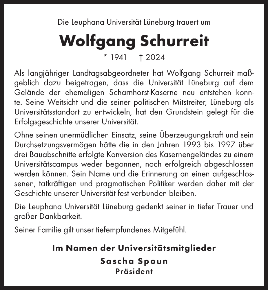  Traueranzeige für Wolfgang Schurreit vom 07.09.2024 aus LZ
