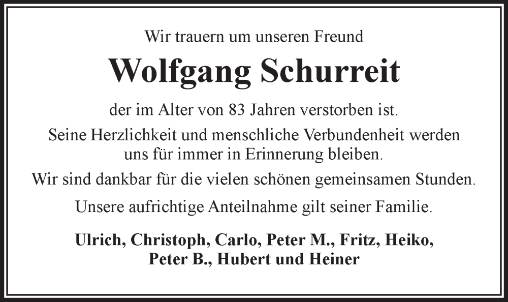  Traueranzeige für Wolfgang Schurreit vom 07.09.2024 aus LZ