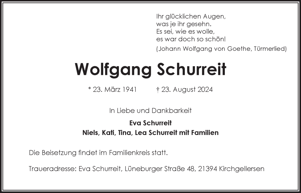  Traueranzeige für Wolfgang Schurreit vom 07.09.2024 aus LZ