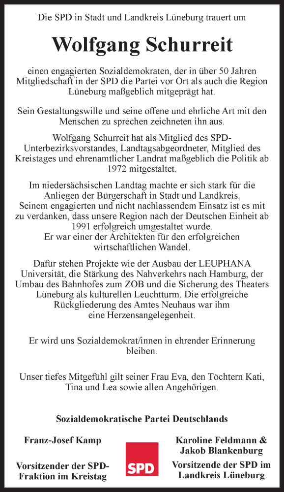  Traueranzeige für Wolfgang Schurreit vom 07.09.2024 aus LZ