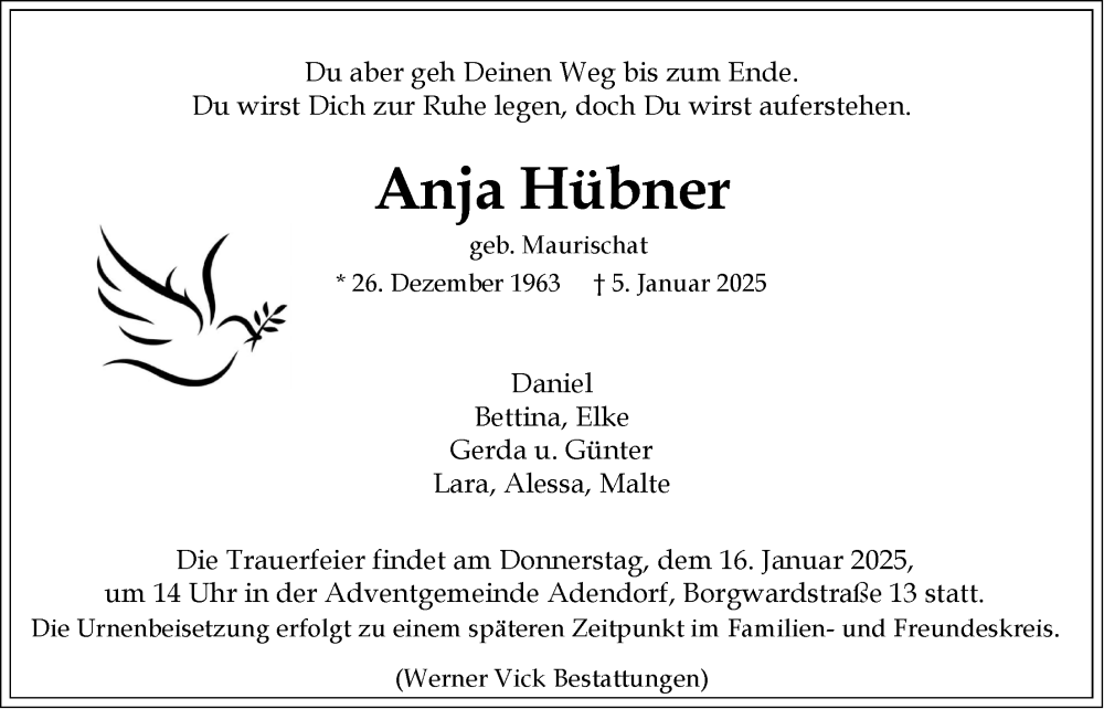  Traueranzeige für Anja Hübner vom 11.01.2025 aus LZ