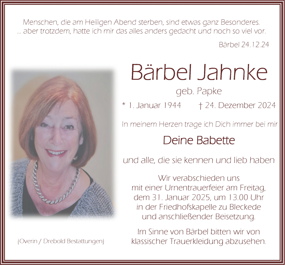  Traueranzeige für Bärbel Jahnke vom 25.01.2025 aus LZ