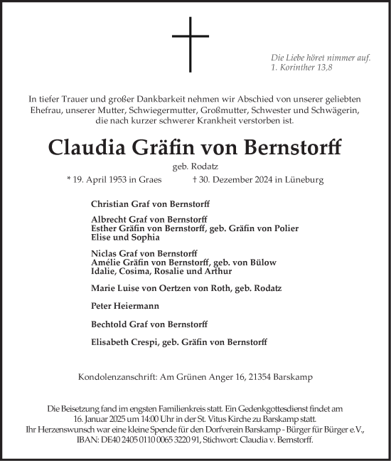 Anzeige von Claudia Gräfin von Bernstorff von LZ