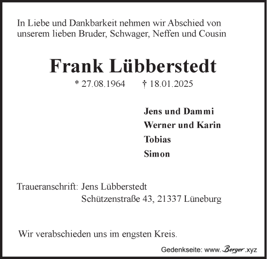 Anzeige von Frank Lübberstedt von LZ