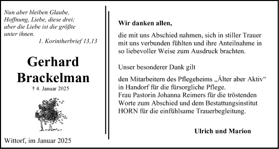 Anzeige von Gerhard Brackelman von LZ