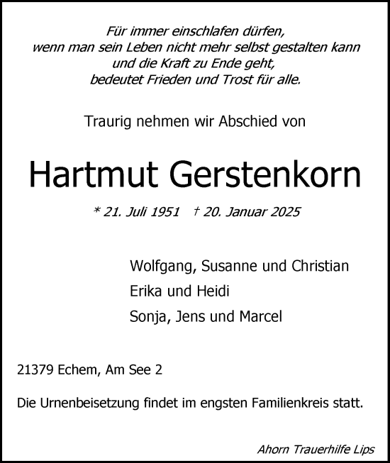 Anzeige von Hartmut Gerstenkorn von LZ