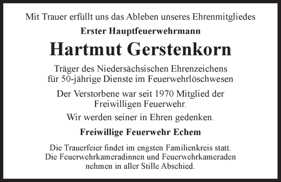 Anzeige von Hartmut Gerstenkorn von LZ