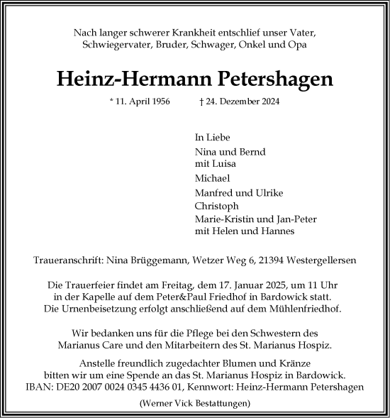 Anzeige von Heinz-Hermann Petershagen von LZ