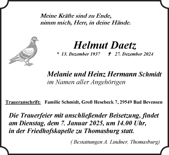 Anzeige von Helmut Daetz von LZ