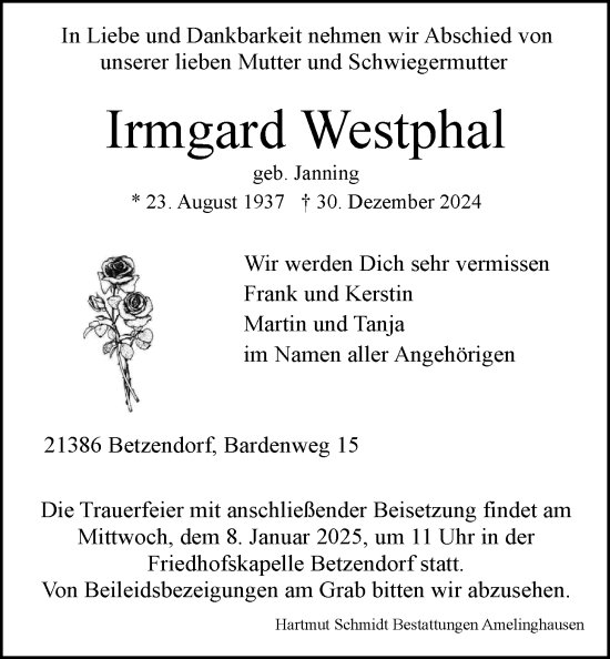 Anzeige von Irmgard Westphal von LZ
