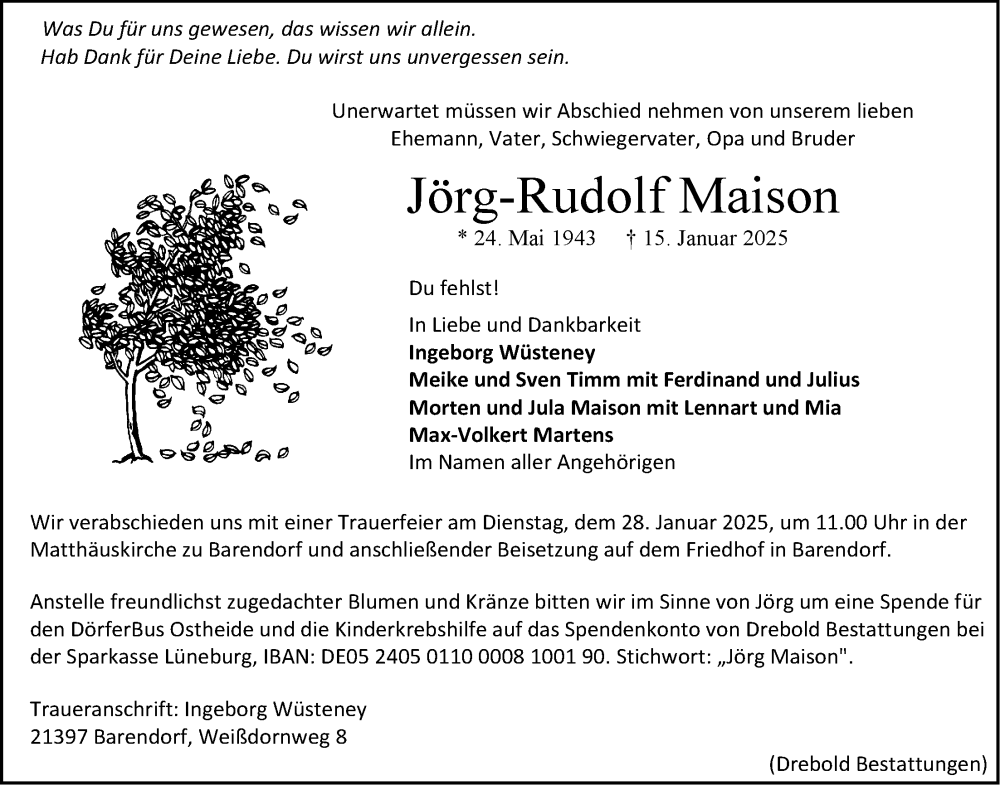  Traueranzeige für Jörg-Rudolf Maison vom 18.01.2025 aus LZ
