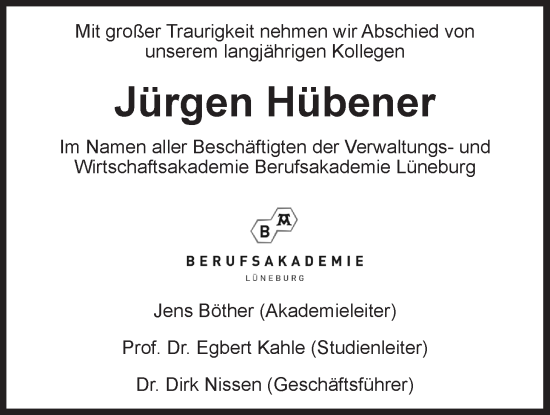 Anzeige von Jürgen Hübener von LZ