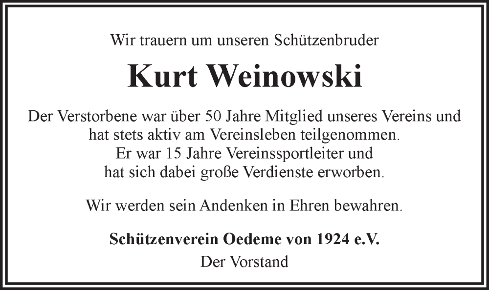  Traueranzeige für Kurt Weinowski vom 18.01.2025 aus LZ