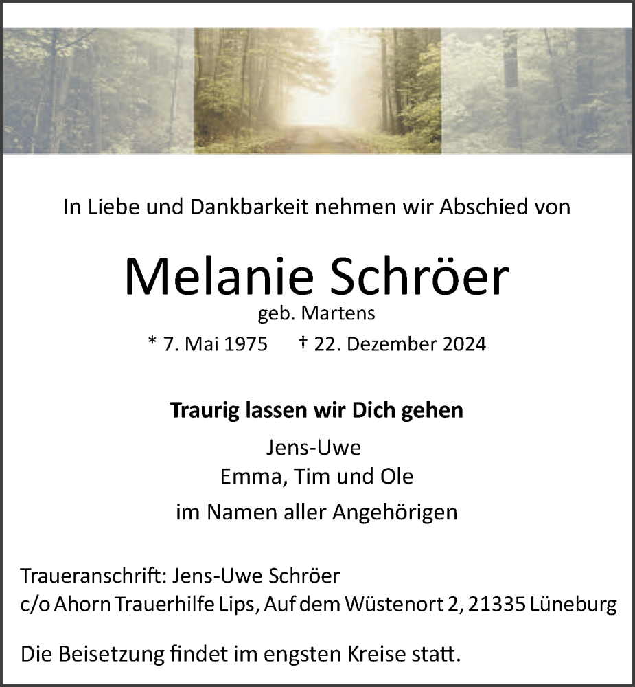  Traueranzeige für Melanie Schröer vom 04.01.2025 aus LZ