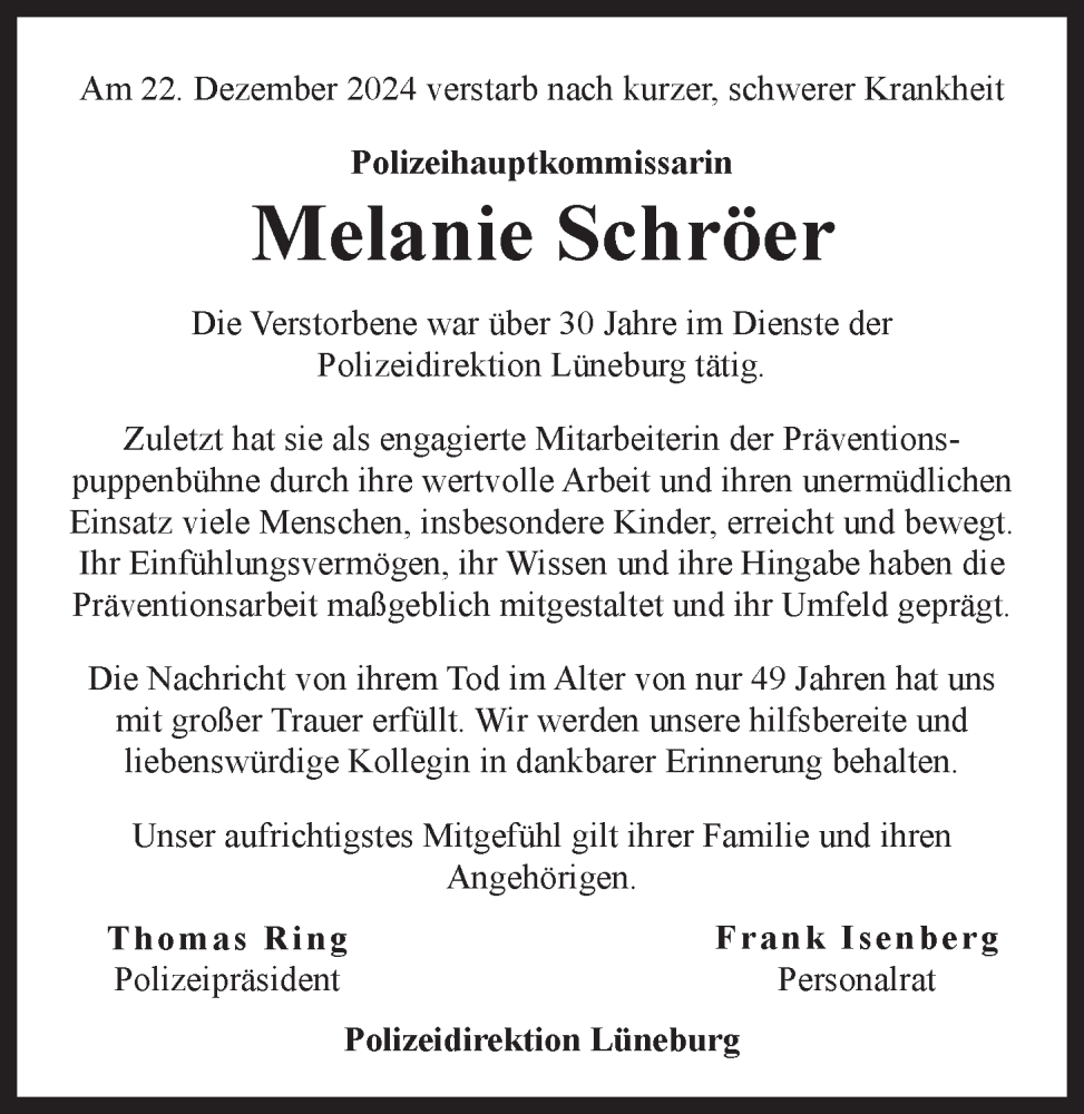  Traueranzeige für Melanie Schröer vom 04.01.2025 aus LZ