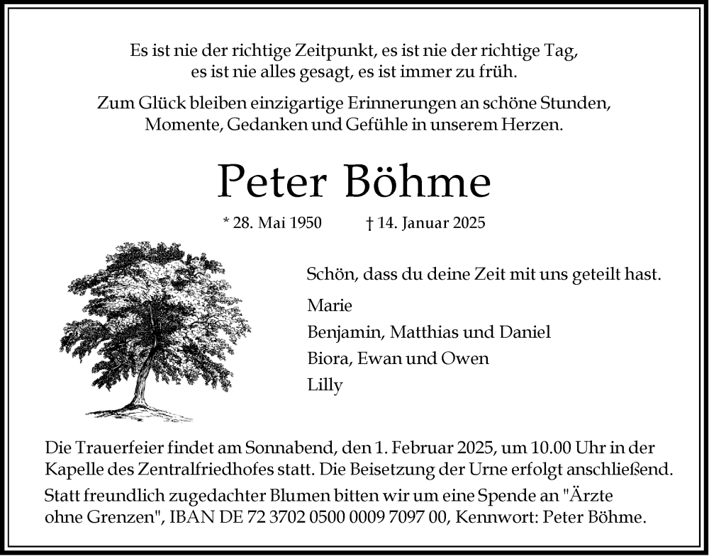  Traueranzeige für Peter Böhme vom 25.01.2025 aus LZ