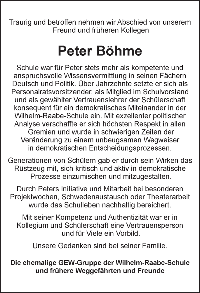  Traueranzeige für Peter Böhme vom 25.01.2025 aus LZ