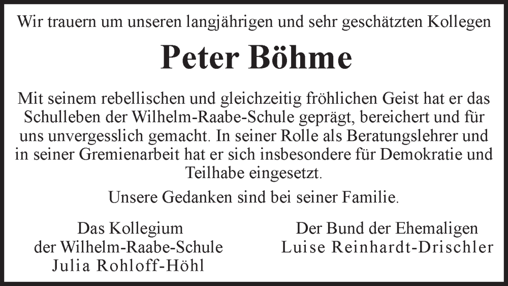  Traueranzeige für Peter Böhme vom 25.01.2025 aus LZ
