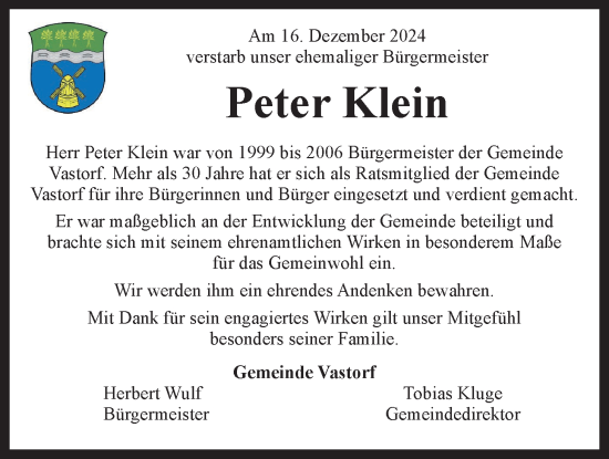 Anzeige von Peter Klein von LZ