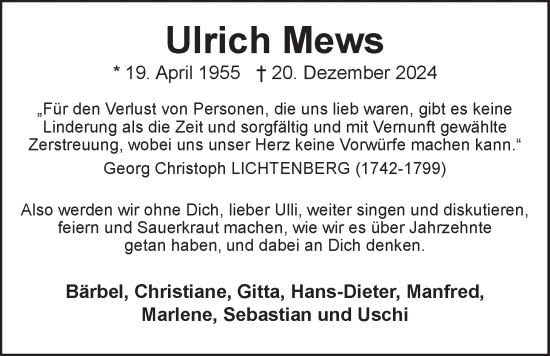 Anzeige von Ulrich Mews von LZ